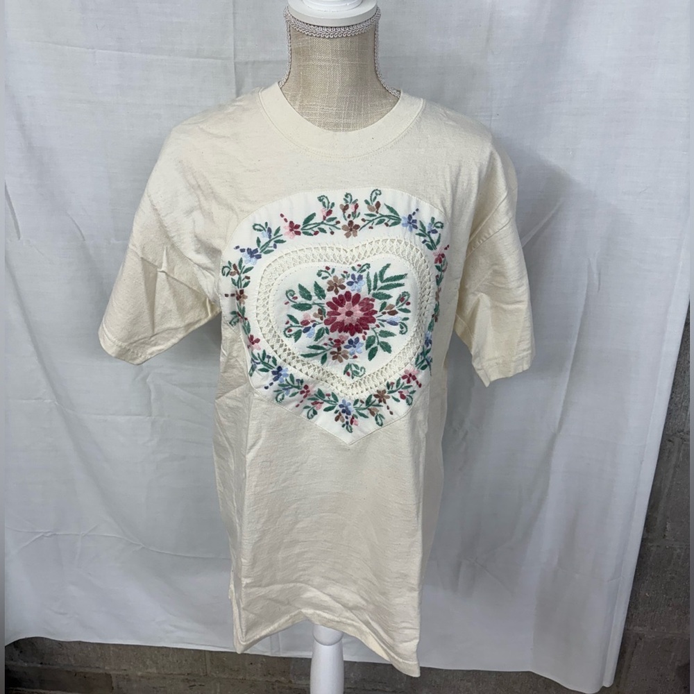 Handmade Cream Floral Embroidered Heart Tee - Women's Casual Shirt